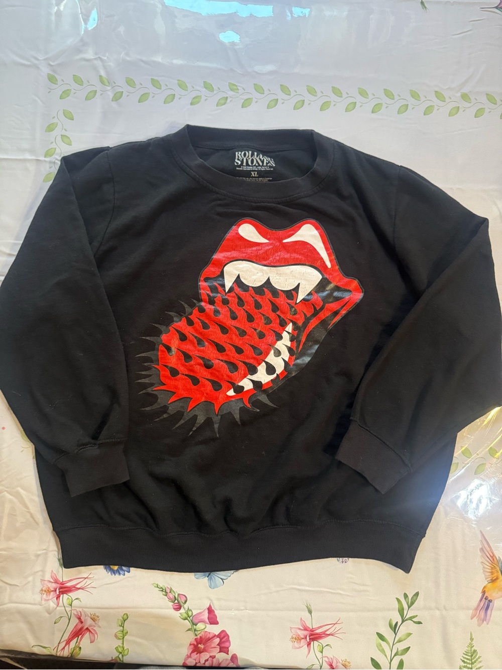 the Rolling Stones Black Crewneck Sweater with Red Tongue Graphic